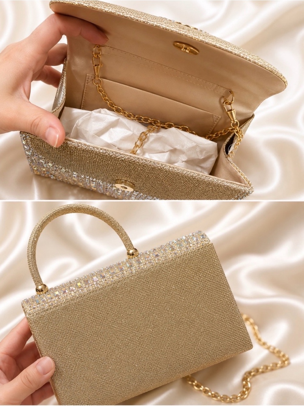 Crystal-Embellished Gold Evening Top-Handle Bag - Picture 2 of 4